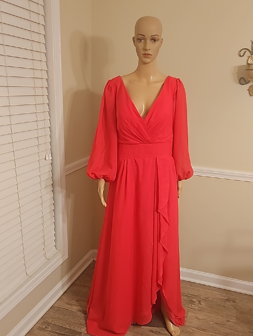 Orange Long-Sleeve Wrap Maxi Dress with Ruffle Detail